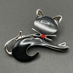 Silver with Ruby Red Crystal and Gray Moonstone Cat with Bowtie Pin Back Brooch